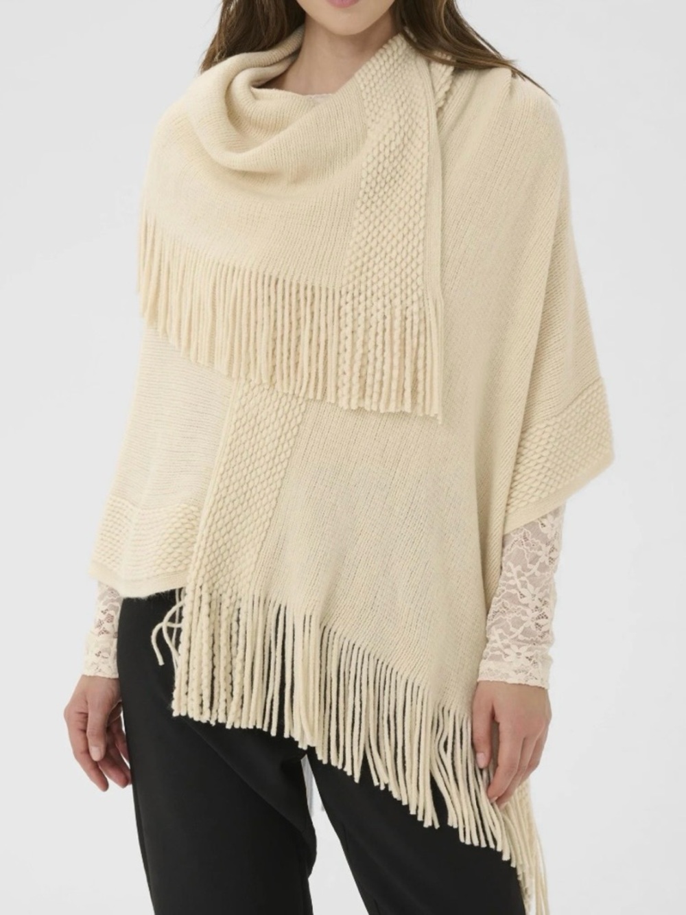 Cream Knit Fringe Poncho Shawl Sweater Size OS